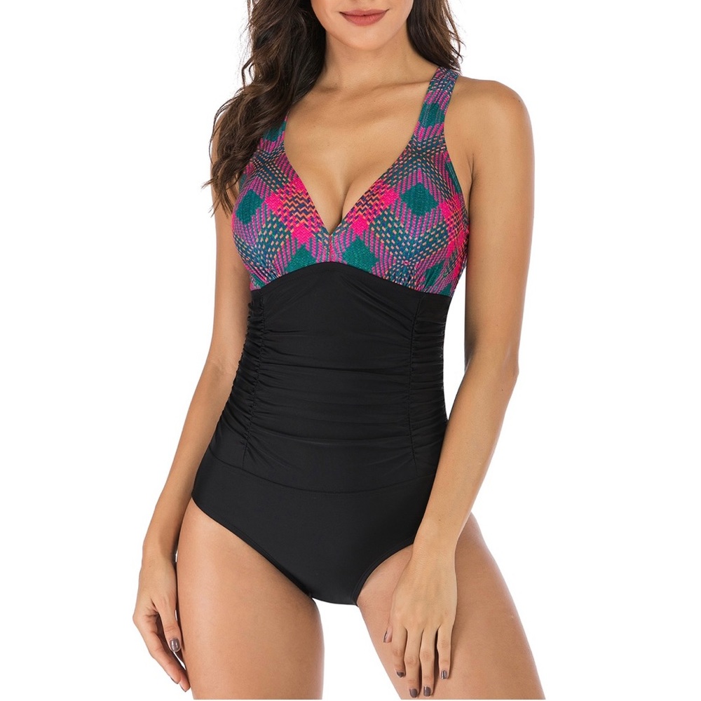 HAIVIDO V Neck One Piece Swimsuits with Ruching,Tummy Control Beach Swimwear Med